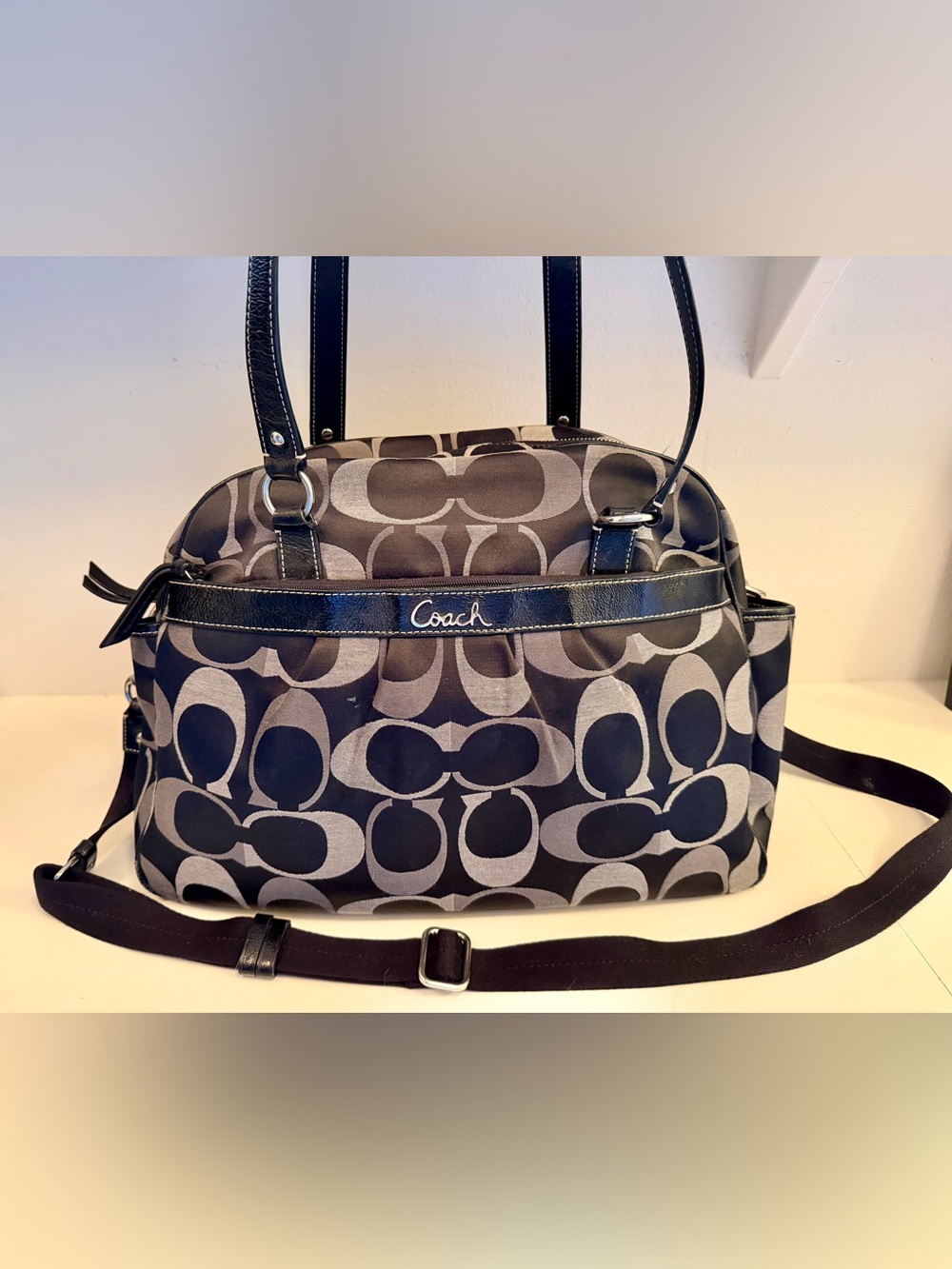 COACH Diaper Bag Black Signature Baby Tote Canvas Crossbody Work/Travel F18376